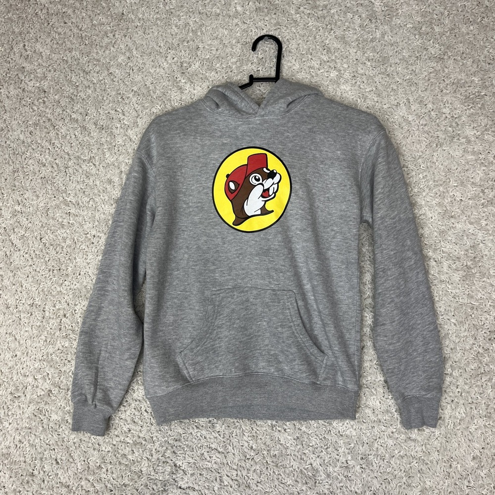 Buc-ee's Hoodie Youth Large Gray Pullover Sweatshirt Beaver Logo Graphic Unisex